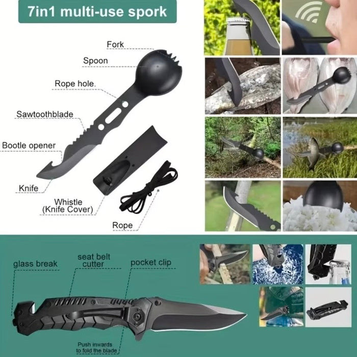 9eight5 15-piece survival kit with waterproof case, including multipurpose tools for outdoor emergencies and survival situations.
