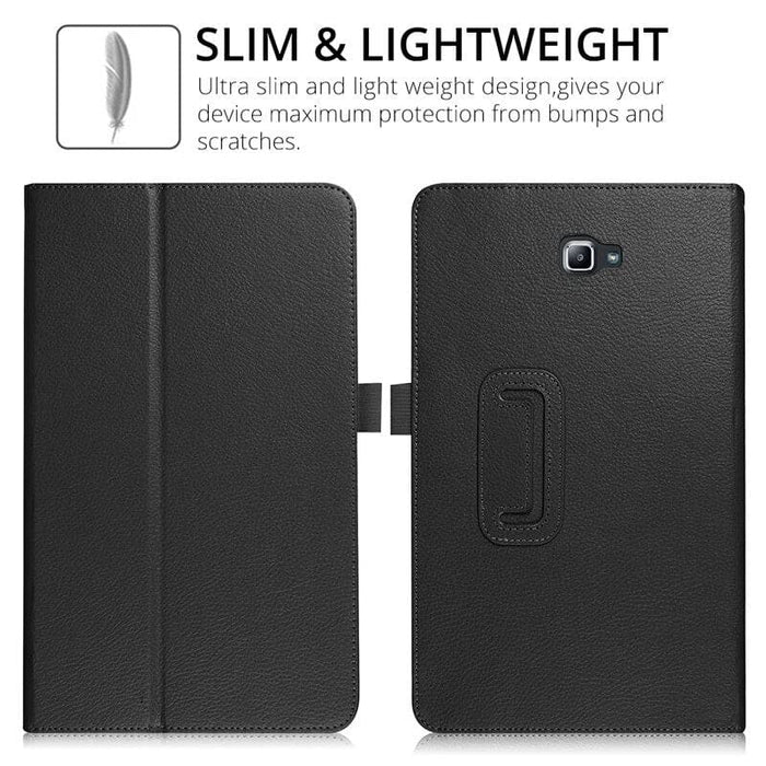 Black synthetic leather cover for Samsung Galaxy Tab A 10.1” (2016) T580/T585, by 9eight5, shown on the tablet.