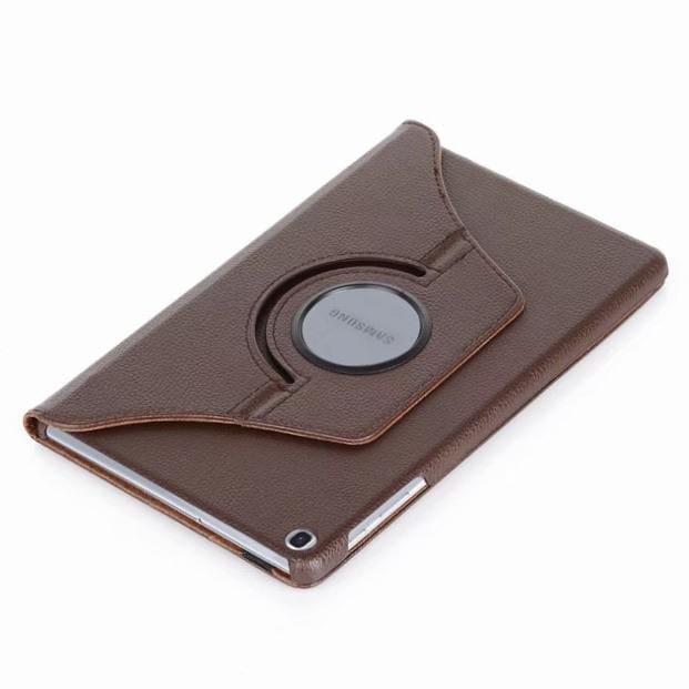 Brown synthetic leather cover for Samsung Galaxy Tab A 10.1” (2019) T510/T515, designed by 9eight5, showing the tablet with the cover on.