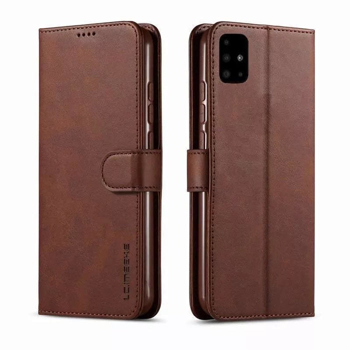 Brown synthetic leather flip case for Samsung Galaxy S21 by 9eight5, featuring card slots and secure cover.