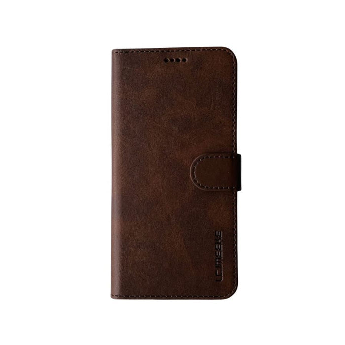 Brown synthetic leather flip case for Samsung Galaxy S21 by 9eight5, showing front and back views of the phone case.