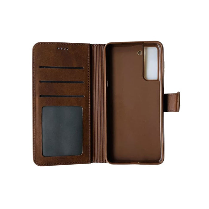 Brown synthetic leather flip case for Samsung Galaxy S21 by 9eight5, featuring a protective cover and card slots.