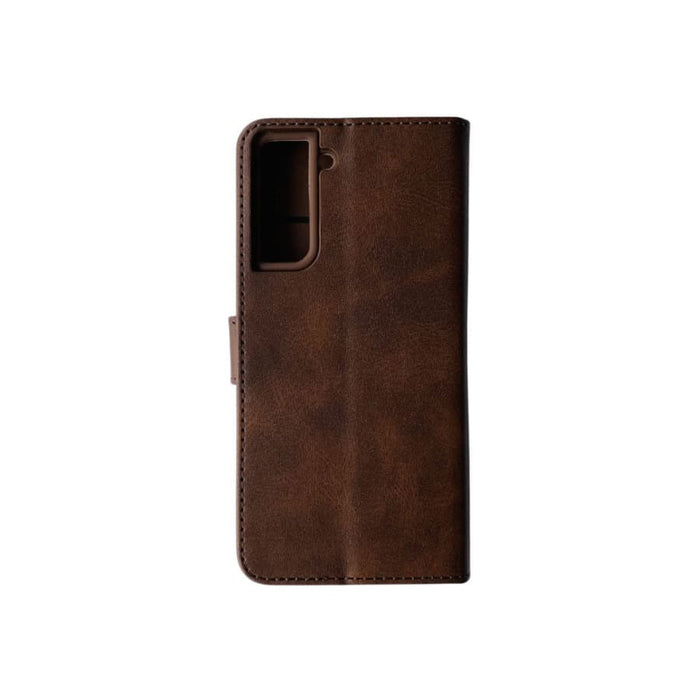 Brown synthetic leather flip case for Samsung Galaxy S21 by 9eight5, featuring card slots and secure cover protection.
