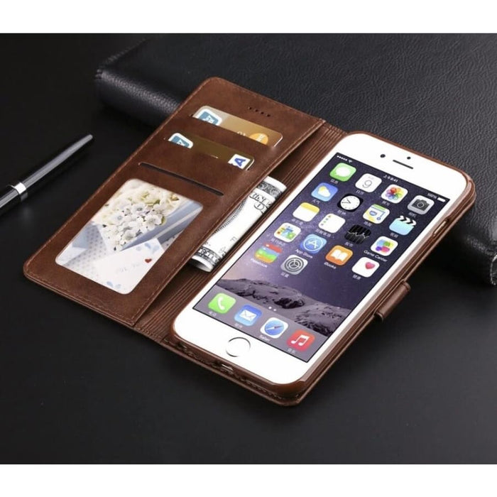 Brown synthetic leather flip case for iPhone 6/6s by 9eight5, featuring a protective cover and card slots.