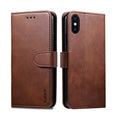 Brown synthetic leather flip case for iPhone XR by 9eight5, showing front cover and side view of the phone with case.