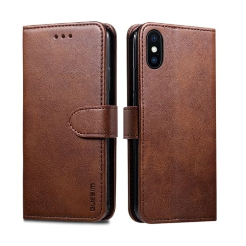 Brown synthetic leather flip case for iPhone XR by 9eight5, showing front cover and side view of the phone with case.