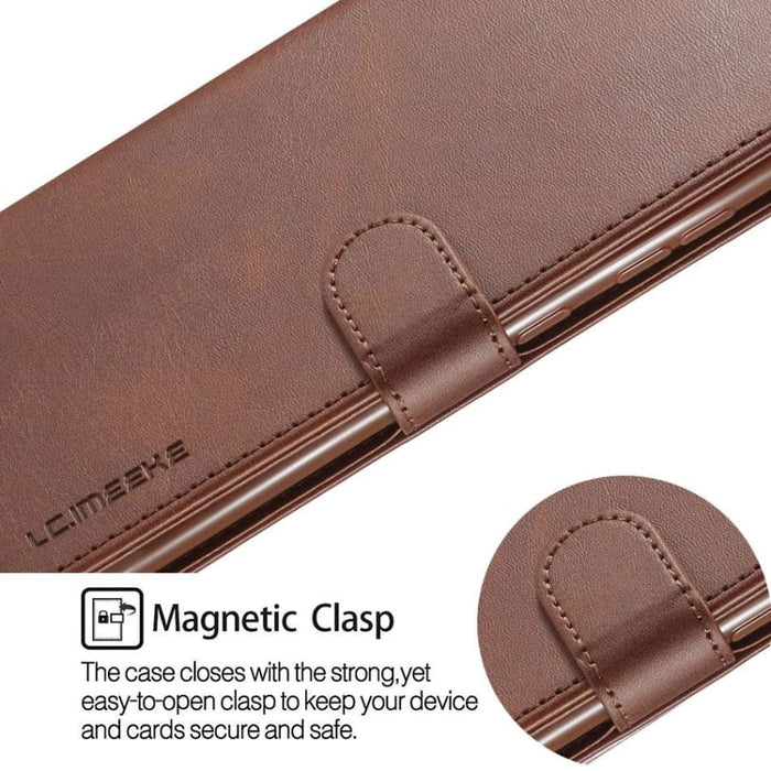 Brown synthetic leather flip case for Samsung Galaxy Note 10 Plus by 9eight5, with card slots and protective cover.