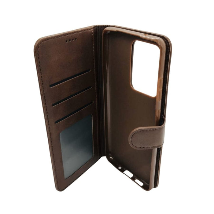 Brown synthetic leather flip case for Samsung Galaxy S20 Ultra by 9eight5, featuring a wallet-style design with card slots.