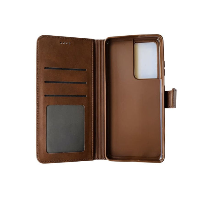 Brown synthetic leather flip case for Samsung Galaxy S21 Ultra by 9eight5, featuring a protective design with card slots.