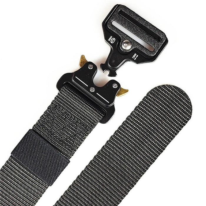 Military tactical nylon web rigger work belt with heavy-duty buckle, designed for hiking, outdoor, and tactical use.