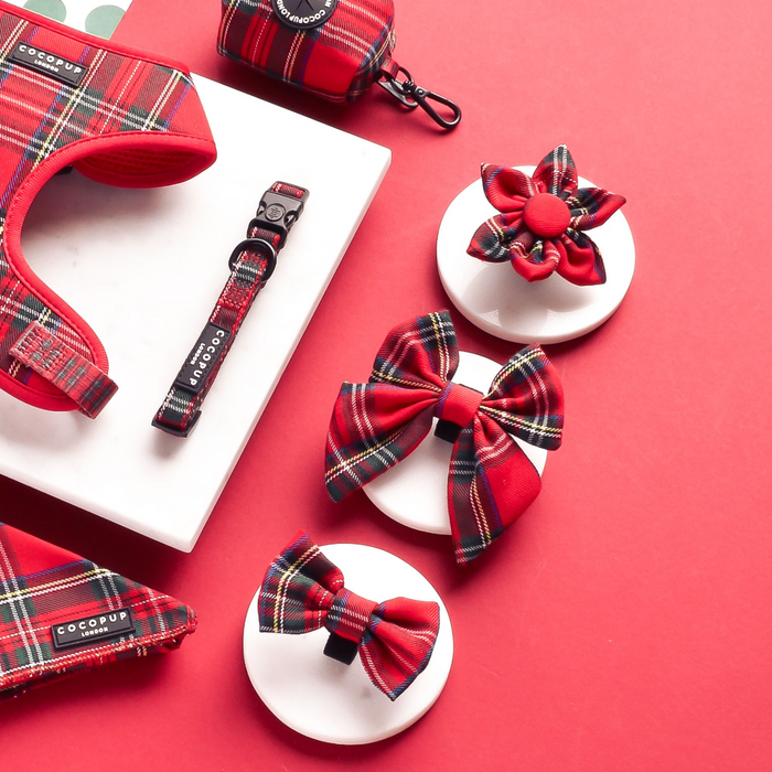 Tartan sailor bow tie, harness, collar, and leash set in red plaid on a red background.