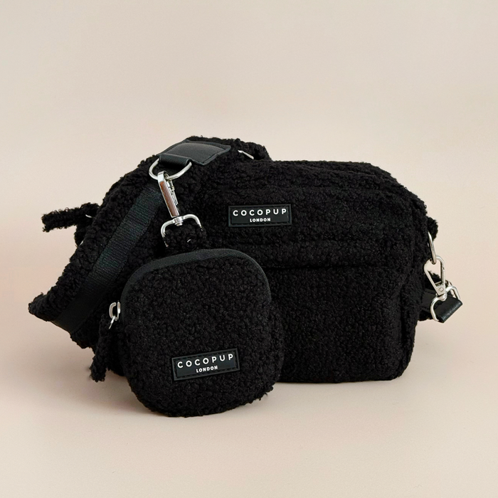 Black textured Teddy Baloo dog walking bag bundle by Cocopup London on a beige background.