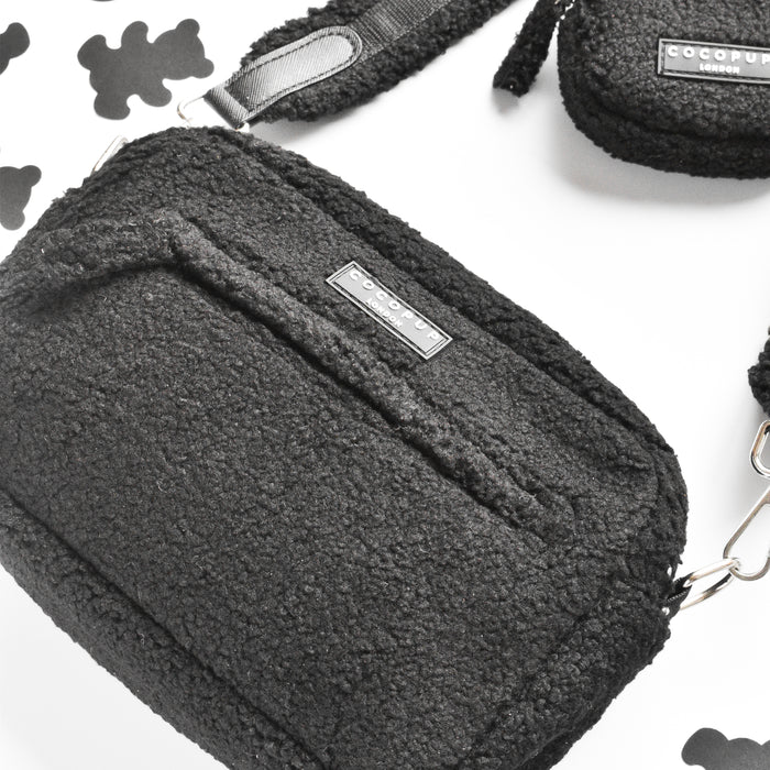 Beige Teddy Baloo dog walking bag bundle with treat pouch, displayed on a white surface with black abstract shapes.