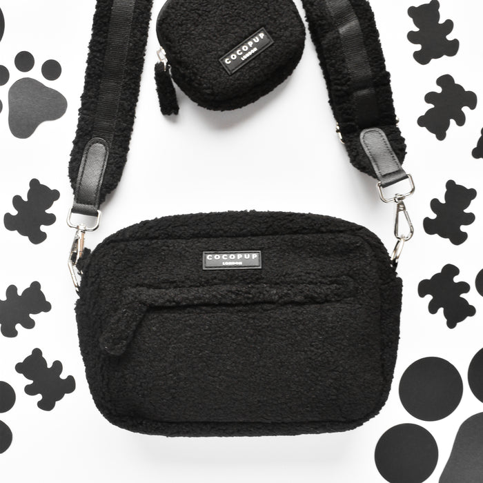 Beige Cocopup London Teddy Baloo dog walking bag bundle with matching treat pouch and straps on white paw-print surface.