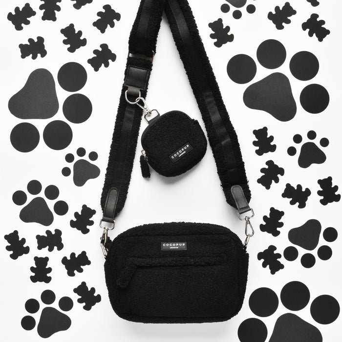 Cocopup London Teddy Baloo dog walking bag in soft beige teddy fleece with a matching treat pouch.
