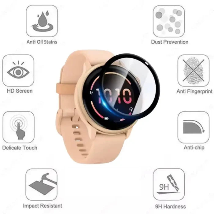 Pack of five Habicare tempered glass screen protectors for Garmin Vivoactive 6 smartwatch, providing durable screen protection.
