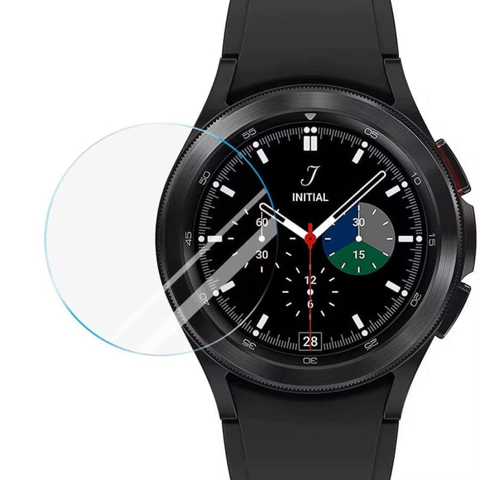 Black tempered glass screen protector for Samsung Galaxy Watch 4 Classic 42mm smartwatch, offers durable protection.