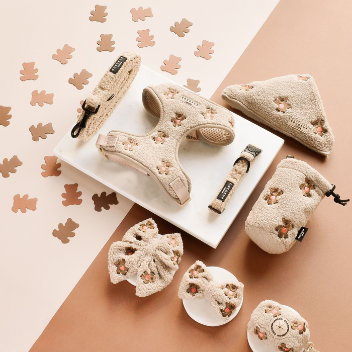 Beige adjustable neck harness with embroidered teddy bears and flowers by Cocopup London.
