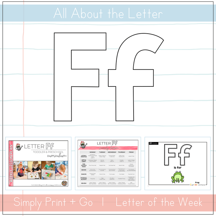 Letter Ff curriculum for toddlers and preschoolers, featuring printable resources for teaching the letter.