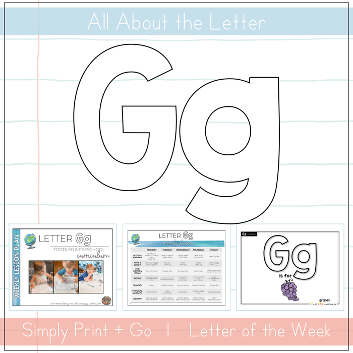 Visual resources for teaching the Letter Gg, including lesson plans and activities for toddlers and preschoolers.