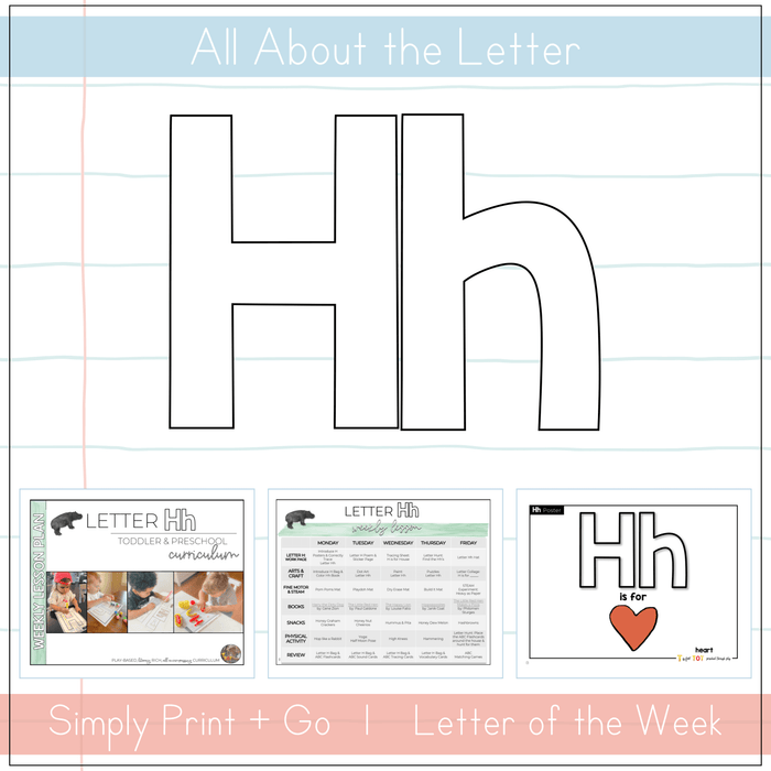 Image showing letter Hh with accompanying curriculum materials for teaching toddlers and preschoolers.