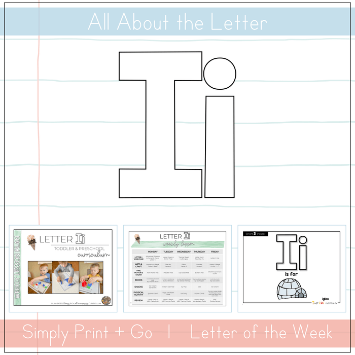 Visual guide for teaching the letter Ii in toddler and preschool curriculum with printable resources.