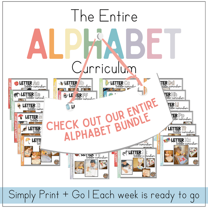 Visual showcasing the entire alphabet curriculum with the message 'Check Out Our Entire Alphabet Bundle' for early education.