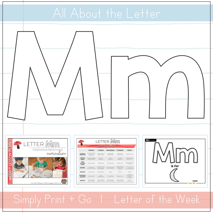 Letter Mm curriculum for toddlers and preschoolers featuring printable resources and activities.