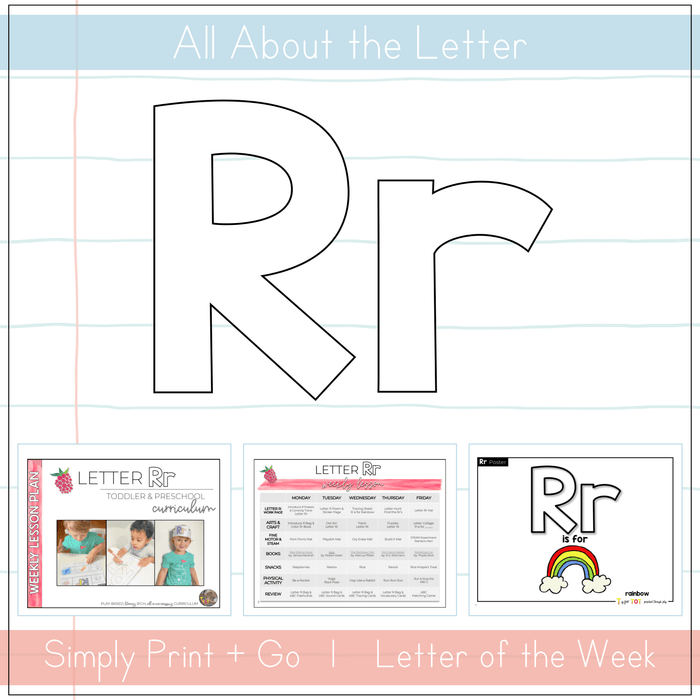 Letter Rr curriculum for toddlers and preschoolers, featuring printable resources and activities.