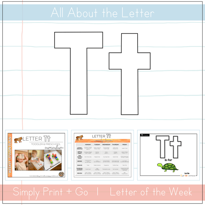 Illustration of the Letter Tt curriculum for toddlers and preschoolers, featuring printables and educational activities.
