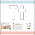 Illustration of the Letter Tt curriculum for toddlers and preschoolers, featuring printables and educational activities.