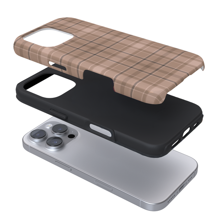 Expanded phone case with a neutral plaid pattern on a white background