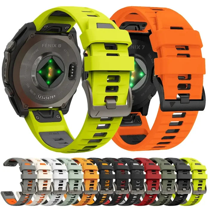 Habicare QuickFit silicone sports strap for Garmin smartwatches, 22mm and 26mm wide, flexible and durable fitness accessory.