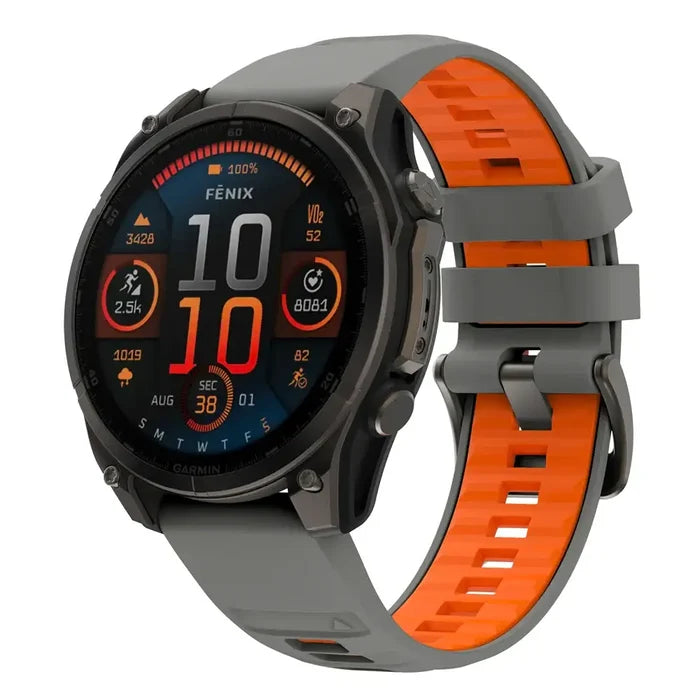 Habicare QuickFit silicone sports strap for Garmin smartwatches, 22mm and 26mm wide, in black, designed for fitness and comfort.