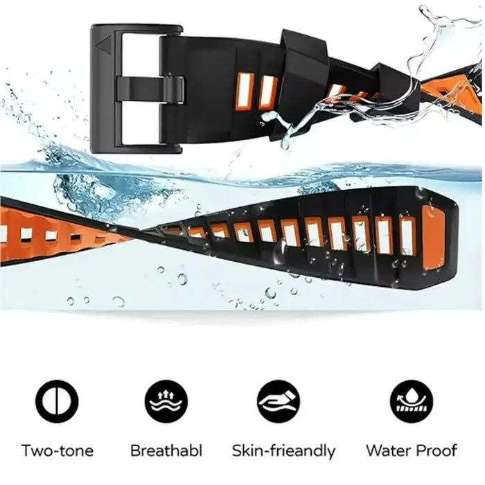 Habicare QuickFit silicone sports strap for Garmin smartwatches, 22mm and 26mm wide, in black, designed for active fitness use.