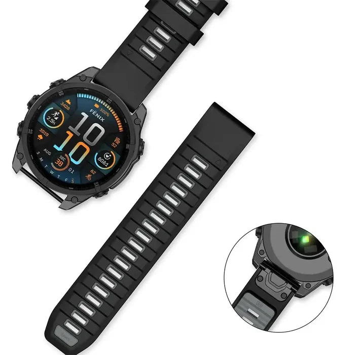 Habicare QuickFit silicone sports strap for Garmin smartwatches, 22mm and 26mm wide, flexible and comfortable fitness accessory.