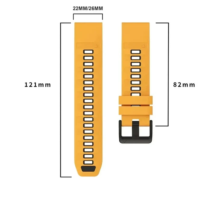 Habicare QuickFit silicone sports strap for Garmin smartwatches, 22mm and 26mm wide, flexible and durable fitness accessory.