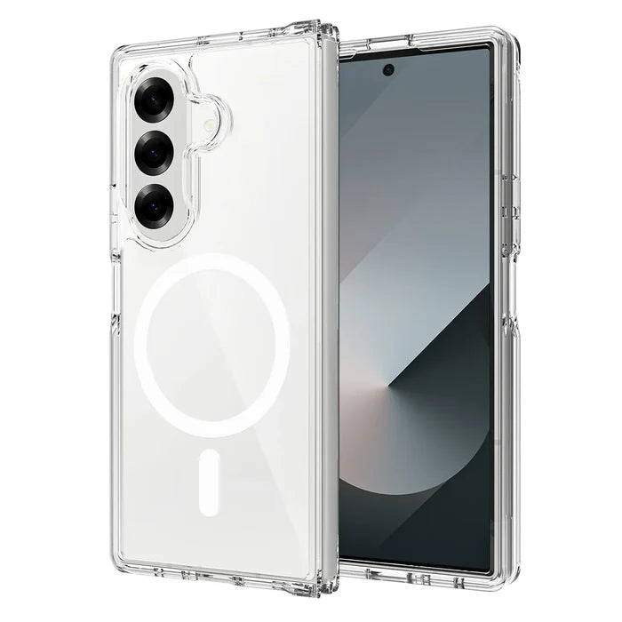 Transparent 9eight5 phone case for Samsung Galaxy Z Fold7 by Habicare, showing the clear protective design on the foldable phone.