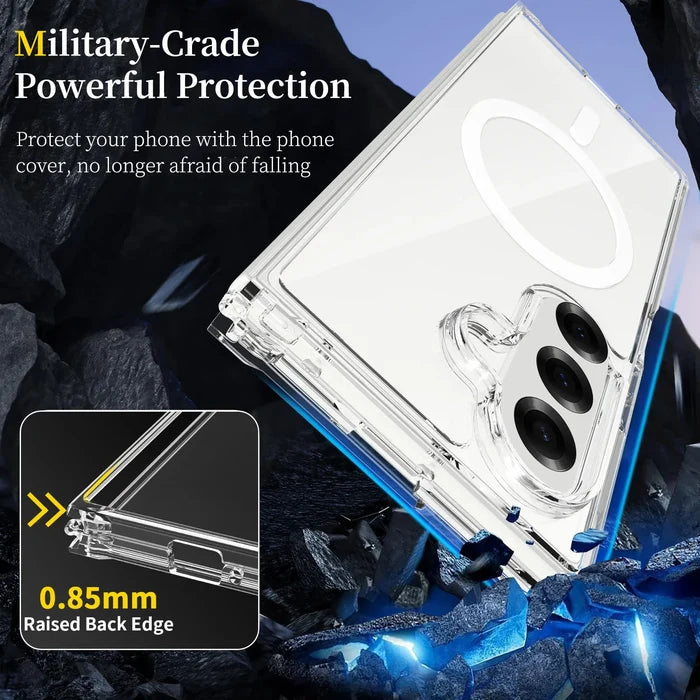 Clear Habicare 9eight5 phone case for Samsung Galaxy Z Fold7, showcasing a slim transparent protective cover with precise cutouts.