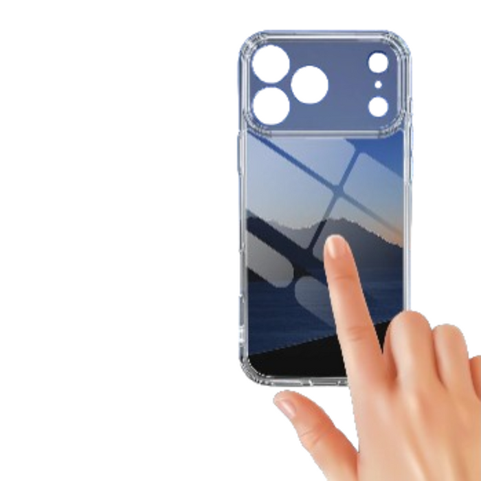 Clear protective case for iPhone 17, 17 Air, 17 Pro, or 17 Pro Max by Habicare, showing the transparent design on the phone.
