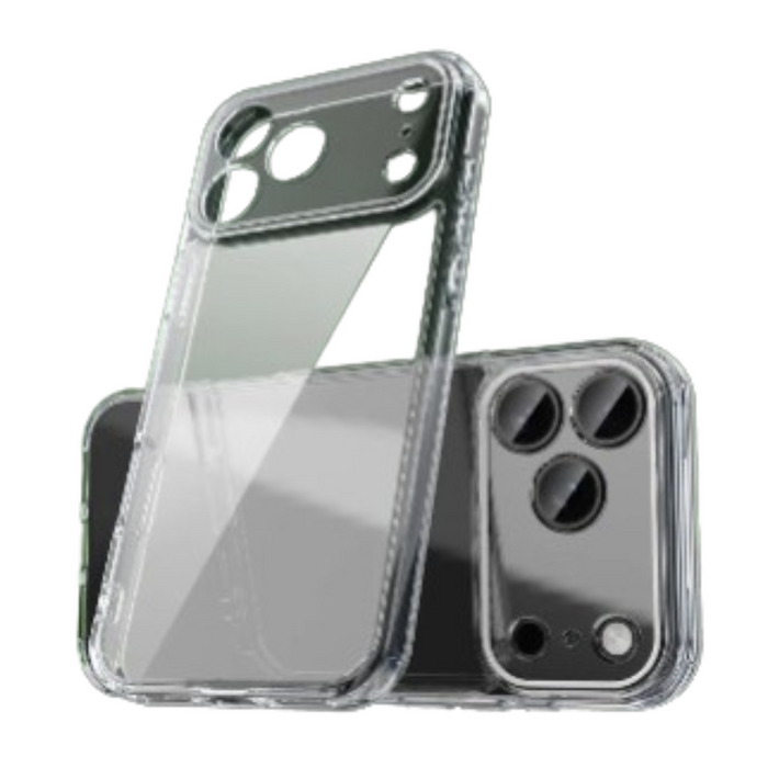 Clear 9eight5 Habicare protective case for iPhone 17, 17 Air, 17 Pro, and 17 Pro Max, showcasing a transparent fit with precise cutouts.