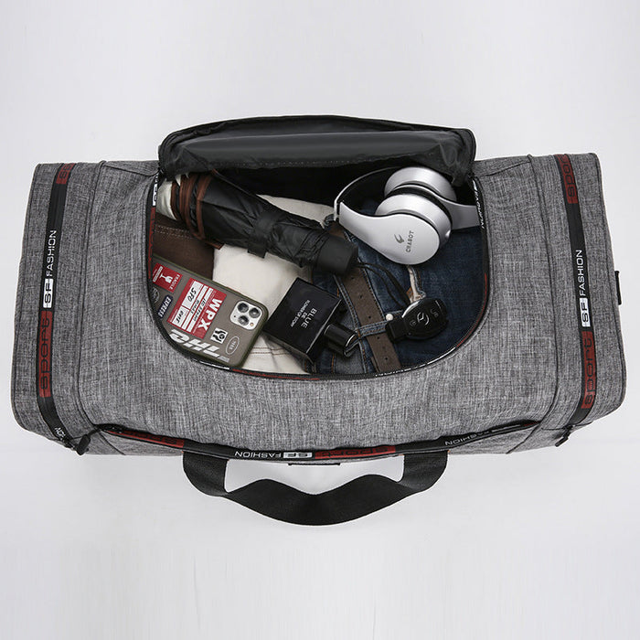 ECOTREK travel garment duffel bag, carry-on weekender and business travel storage bag, shown with open compartments and clothing inside.