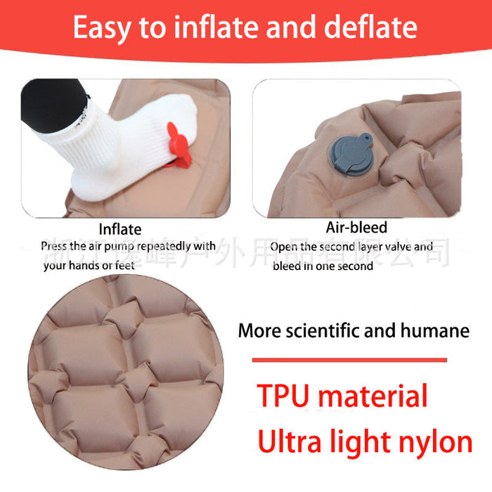 ECOTREK ultralight 2-person inflatable camping mattress with built-in foot pump and pillow, shown on a camping site.