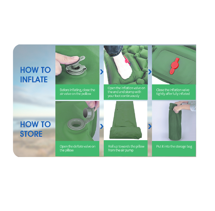 ECOTREK ultralight 2-person inflatable camping mattress with built-in foot pump and pillow, ideal for outdoor sleeping comfort.