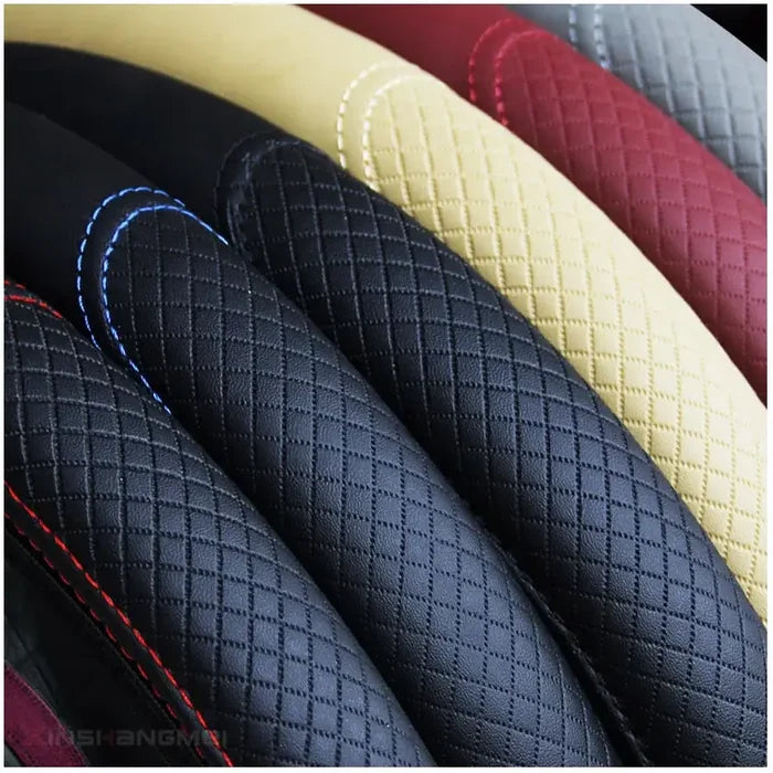 Habicare non-slip embossed leather steering wheel cover for 37/38cm car wheels, available in three colors, provides a secure grip.