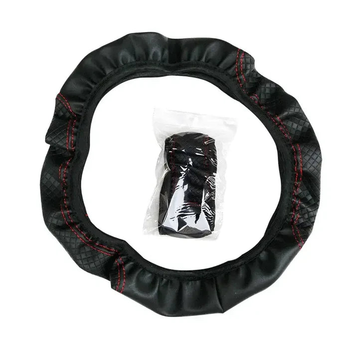 Habicare non-slip embossed leather car steering wheel cover, fits 37/38cm, available in three colors, enhances grip and style.