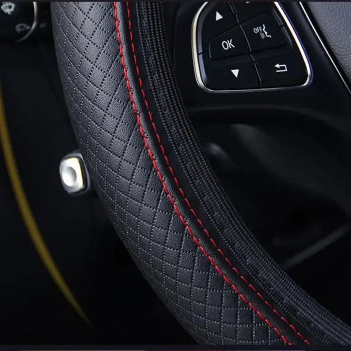Habicare HBC universal 37/38cm non-slip embossed leather car steering wheel cover in three colors on a vehicle steering wheel.