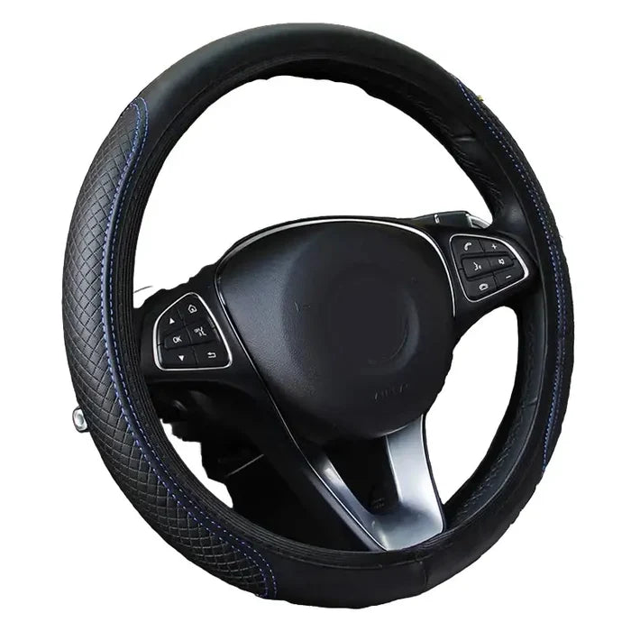 Habicare non-slip embossed leather steering wheel cover in 37/38cm, available in three colors, designed for a secure grip.