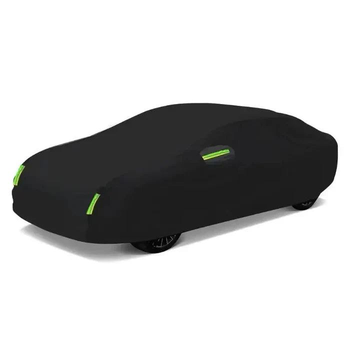 Habicare HBC universal black car cover with reflective strips, available in various sizes, protects vehicles from weather and dust.