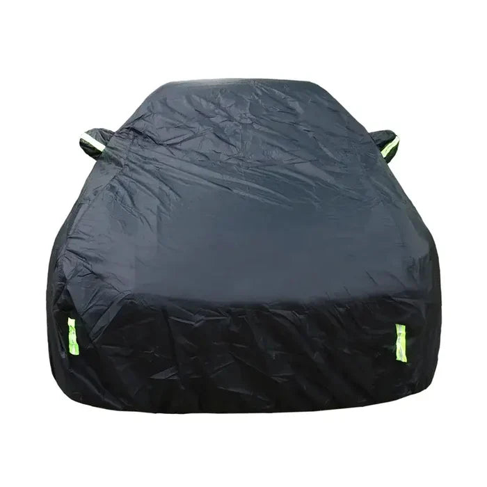 Habicare Universal Black Car Cover with reflective strips, available in various sizes, protects vehicles from weather and dust.